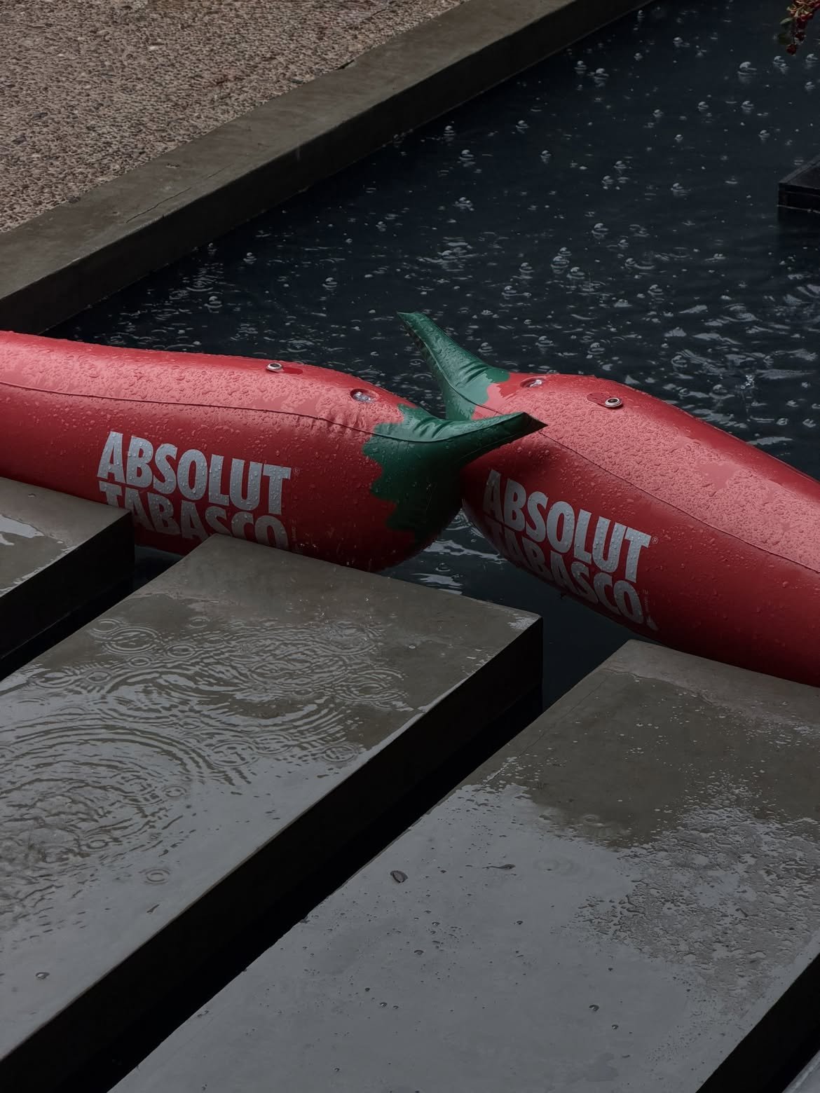 Absolut Tabasco inflatable chilies in the rain